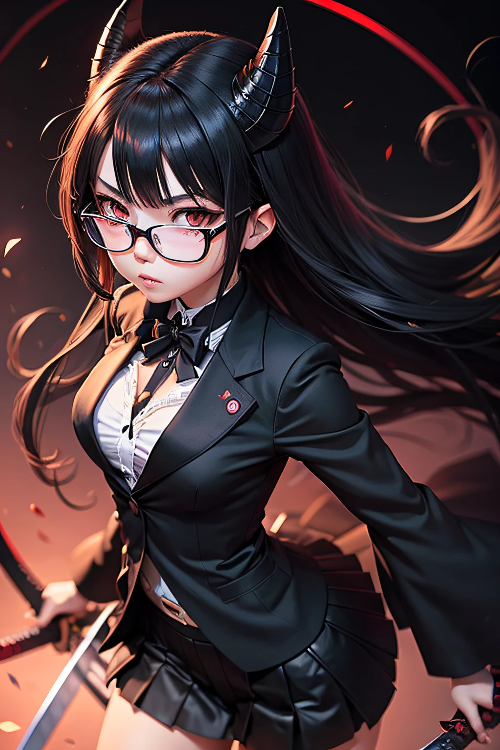 animanga demon girl with black round glass, a black suit and a cool katana