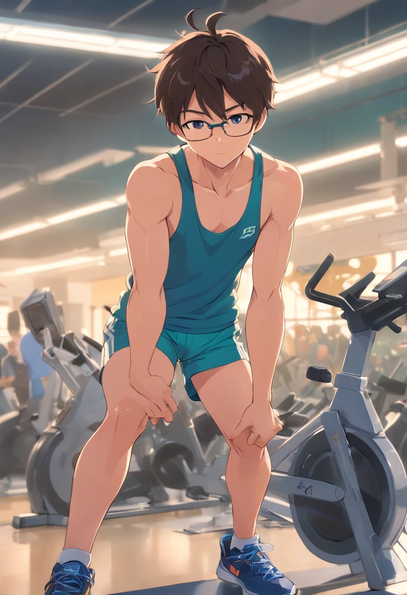 anime chico joven, medias gafas, Medium muscles in a gym, haciendo ejercicio, Science-Fiction, Culturismo, inspirado en Kim Eung-hwan, de espaldas, With your eyes you looked back, musculos medianos, hombros fuertes, inspirado en Yeong-Hao Han, Thin physique, Super buff y cool, delgado pero musculoso.