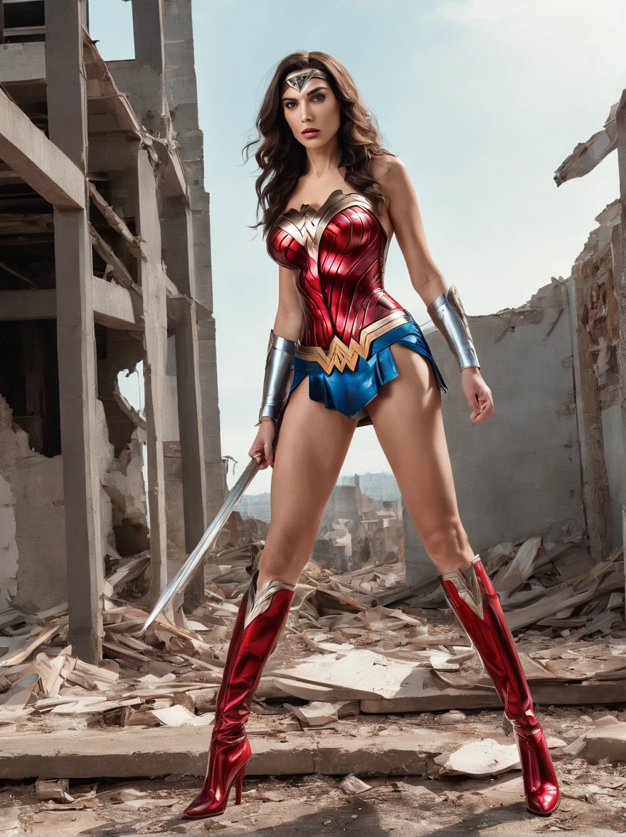 sexy legs wonder woman in ultra high-cut bikini, red patent thigh high boots, oiled legs and butt, high cut, skin tight sheer swimwear, wide stance provocative pose, editorial photographed in the rubble and debris of a collapsed building with wide angle fish eye lens