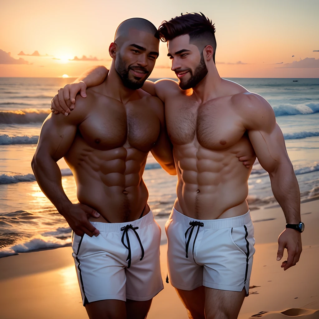 (Altas:1.2),Dois homens negros musculosos apaixonados,Romantic gay couple,homens sem camisa,Feliz,alegre,apaixonado,tenro,carinhoso,embrace,Beijar,romantic setting,Sunset beach scenery,strong arms,peito forte,strong biceps,abdominais fortes,corpos tonificados,well-defined muscles,Macho,masculinidade,confidence,orgulho,deep connection,intimate,olhar amoroso,Barbas,restolho,shaved heads,pele escura,hand in,metas de relacionamento,energia positiva,felicidade,resilience,determination,unidade,liberdade,acceptance,diversidade,bandeira do orgulho,orgulhoso,sem remorso,silhueta linda,Twilight,vibe serena,ondas suaves batendo,orange and pink sky,Brisa suave,Sussurros de Amor,tranquilidade,Sunset rays,Romantic walk on the beach,peaceful,prazer,carinho,harmonia,pernas musculosas,Beach sand under bare feet,romantic getaway,Sparkling ocean water,serenidade,Momento lindo capturado,lasting memories. Gays Dois homens