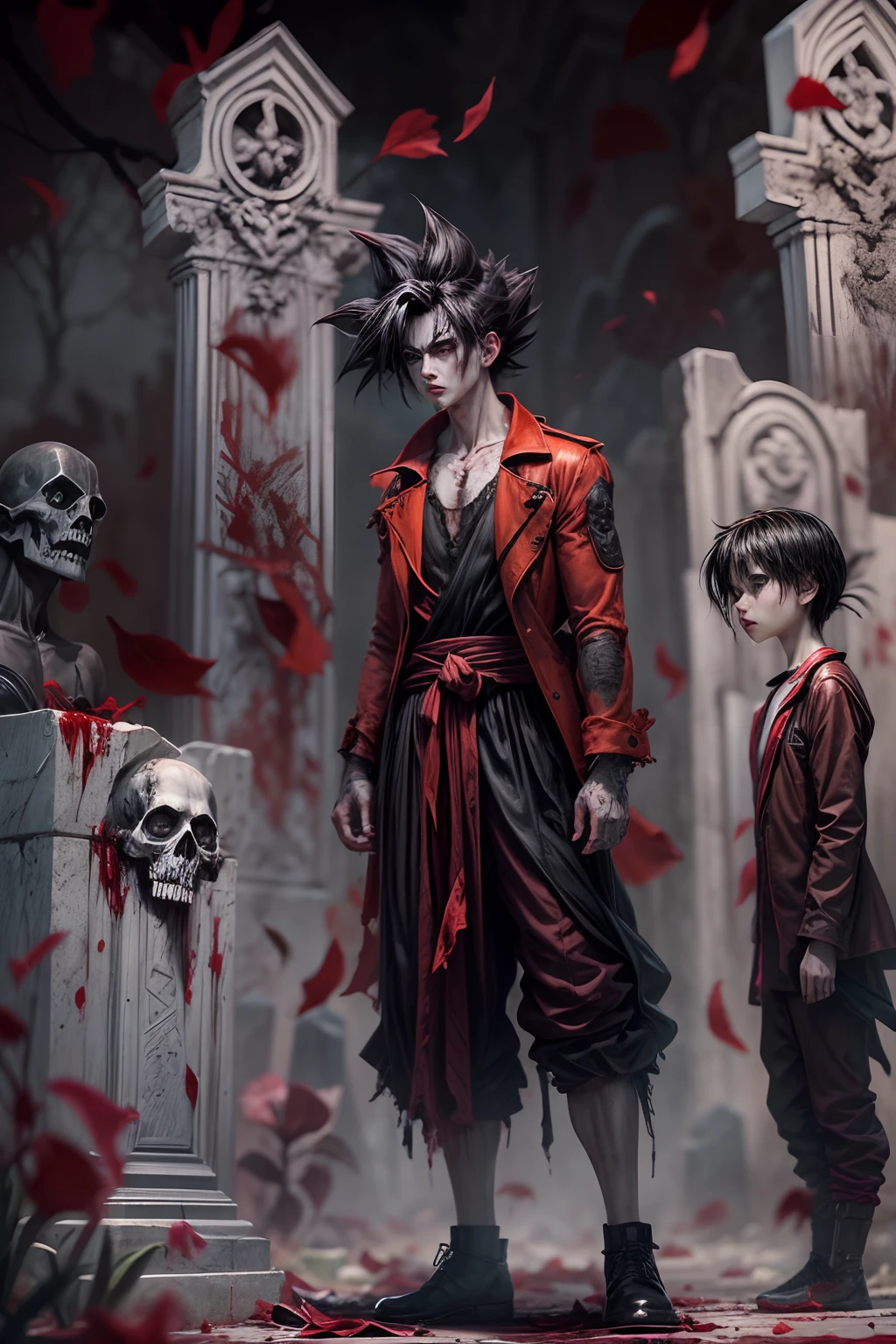 GOKU ZUMBI HOMEN zumbi,estilo pin-up,olhos horrivelmente belos,blood-red lips,feridas sangrentas,carne podre,pose assustadora,roupas rasgadas e sujas,Hauntingly pale skin,atmosfera assustadora,Dark and misty cemetery,luar projetando sombras misteriosas,Decomposing Tombstones,Sense of danger,horror movie vibes,horror de pesadelo,gothic art style,Cores ousadas e vibrantes,film noir lighting,assustador e sedutor,exquisite attention to detail,Unique and captivating subject.