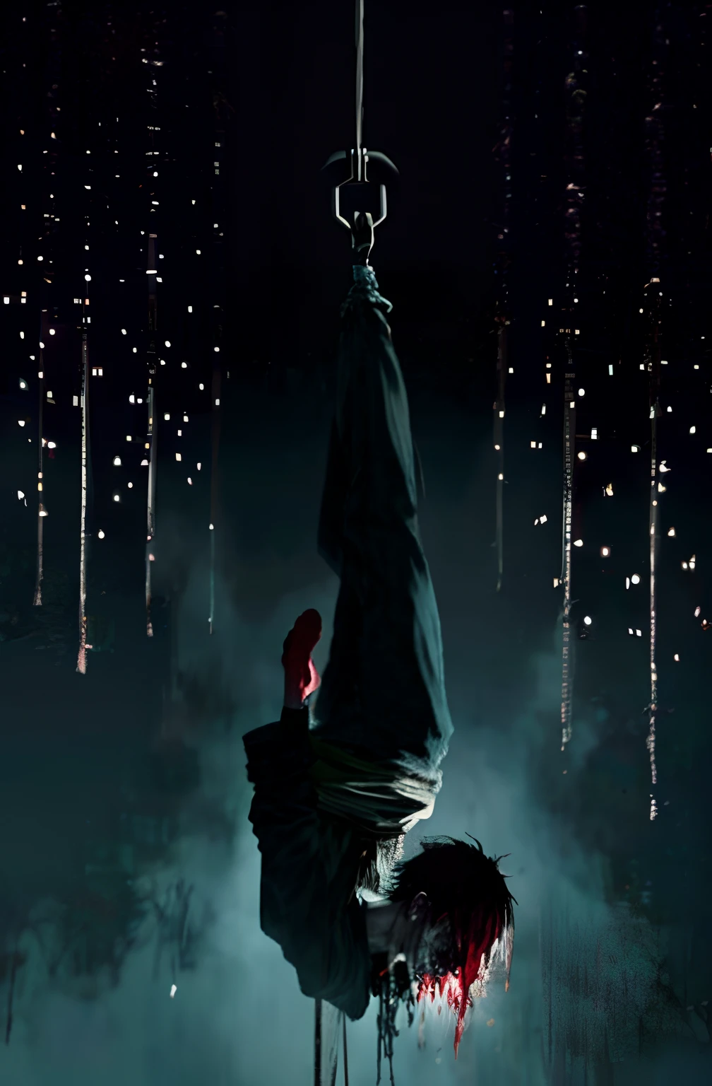 suicide, a guy hanging on a three, hang, killing himself, darkness , horror vibes,