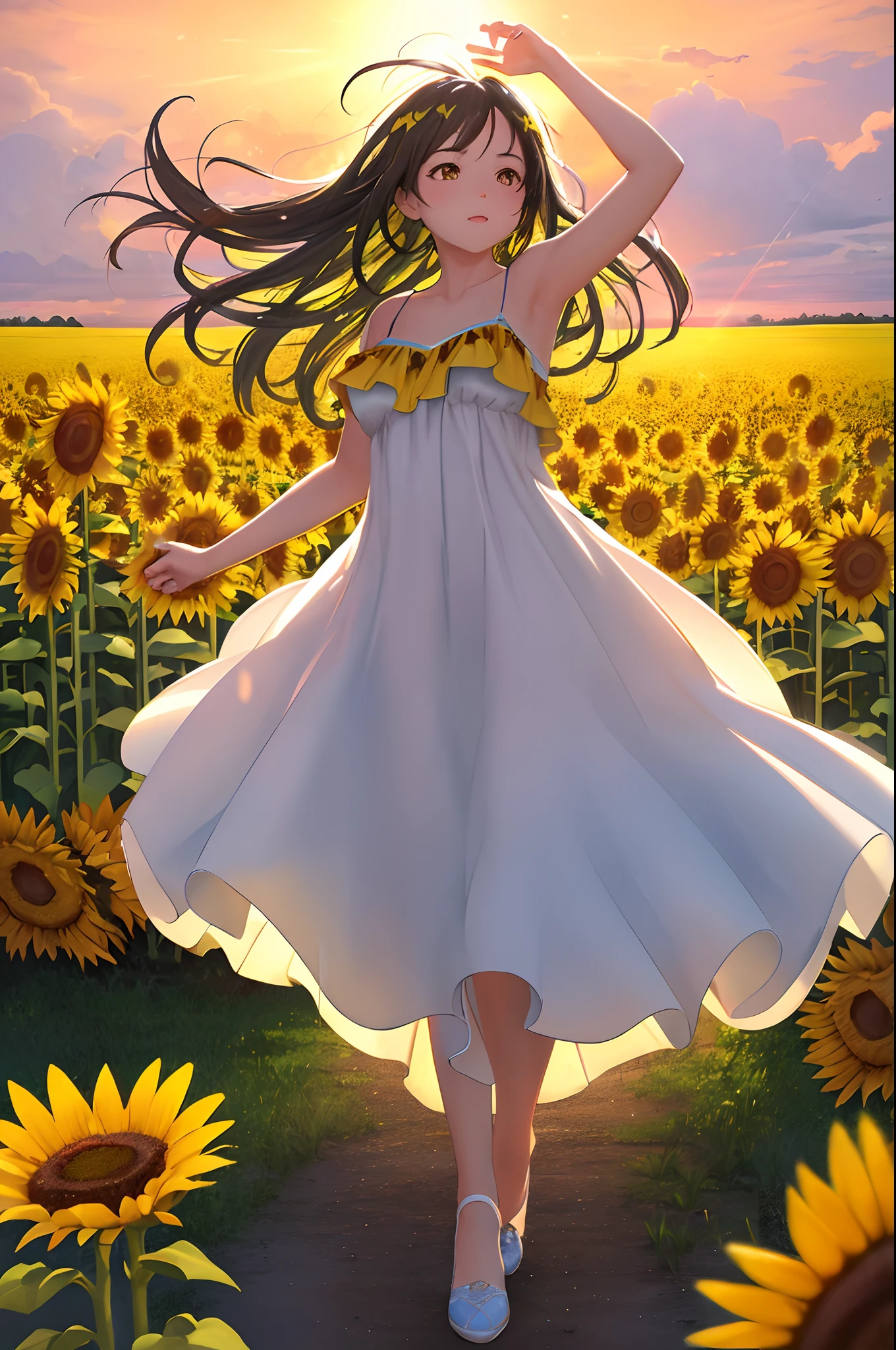 (best quality,highres),wide landscape photo,natural lighting,viewed from below,sky above,open field below,girl standing,flower field,looking up,gorgeous summer day,colorful flowers,vibrant colors,natural beauty,fresh breeze,joyful atmospherBack view of a young woman, windy messy hair, across a field of sunflowers; 3D; retro cyberpunk; yellow color splash; dynamic color-field; sunrise; cyclorama effect; cinematic lighting,twinkling eyes reflecting the beauty of the surroundings,long flowing dress gracefully swaying,arms open wide in a welcoming gesture,feeling of harmony with nature,blissful connection with the universe,enchanting and awe-inspiring moment,vivid and lively colors,painterly brush strokes,impressionistic style,eclectic mix of colors and textures,exquisite composition,emotional depth,evoking a sense of wonder and admiration,like a masterpiece come to life.