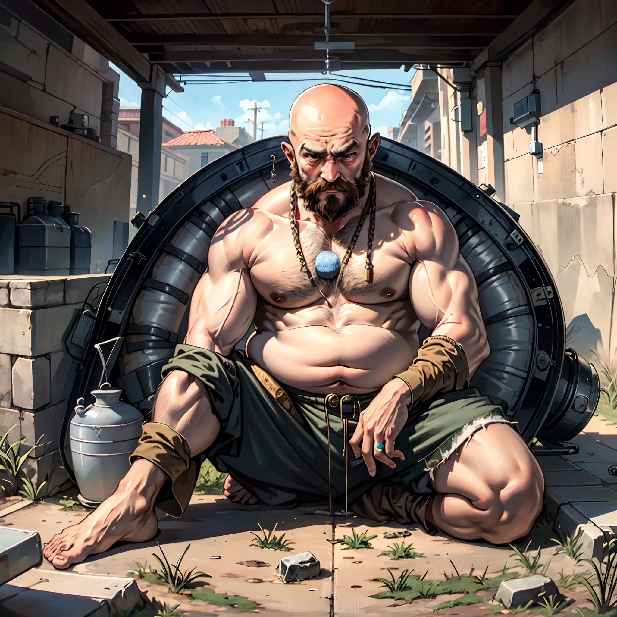Fat, pot-bellied, ugly, beggar, shirtless, bald hair, lives in the sewer