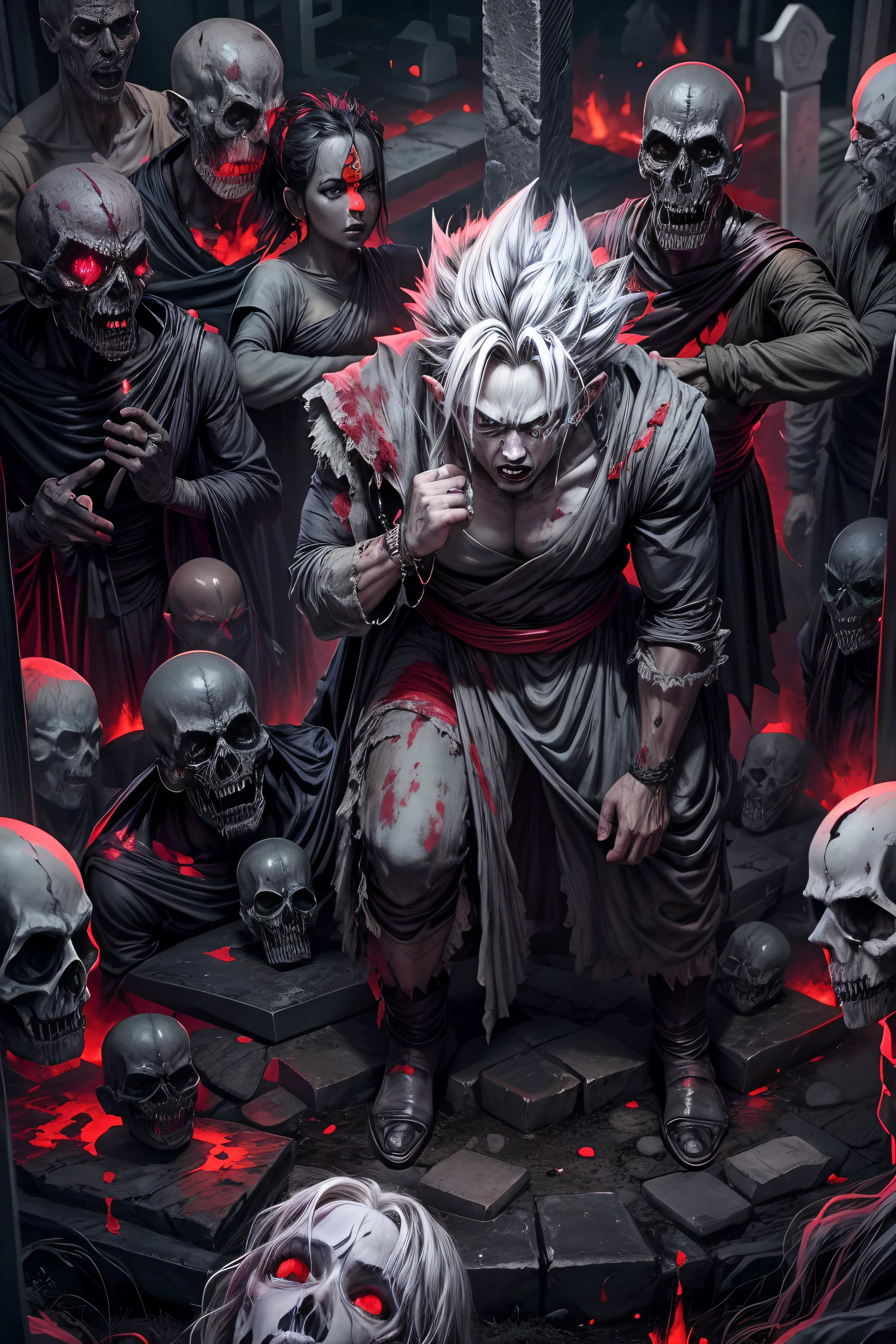 GOKU ZUMBI HOMEN zumbi,estilo pin-up,olhos horrivelmente belos,blood-red lips,feridas sangrentas,carne podre,pose assustadora,roupas rasgadas e sujas,Hauntingly pale skin,atmosfera assustadora,Dark and misty cemetery,luar projetando sombras misteriosas,Decomposing Tombstones,Sense of danger,horror movie vibes,horror de pesadelo,gothic art style,Cores ousadas e vibrantes,film noir lighting,assustador e sedutor,exquisite attention to detail,Unique and captivating subject.