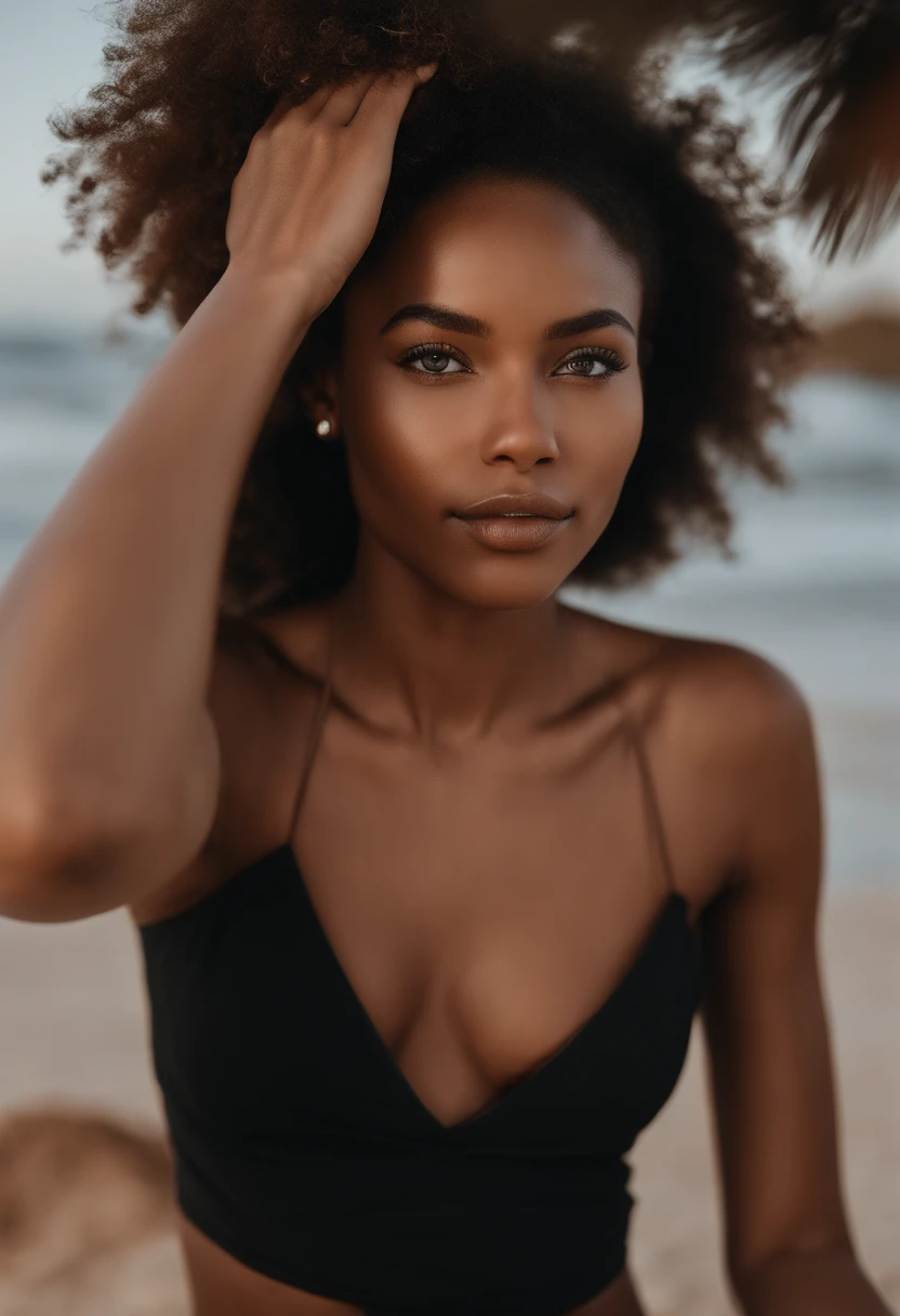 Femme africaine noire, fille mince, belle au naturel, Mixed-race man with slanted eyes, fille sexy aux yeux bruns, cheveux noirs, nez fin, bouche pulpeuse, selfie of a young woman,sans maquillage, maquillage naturel, Maquillage subtil, Superbe corps complet sur la plage, side pose. Accessoire du visage.