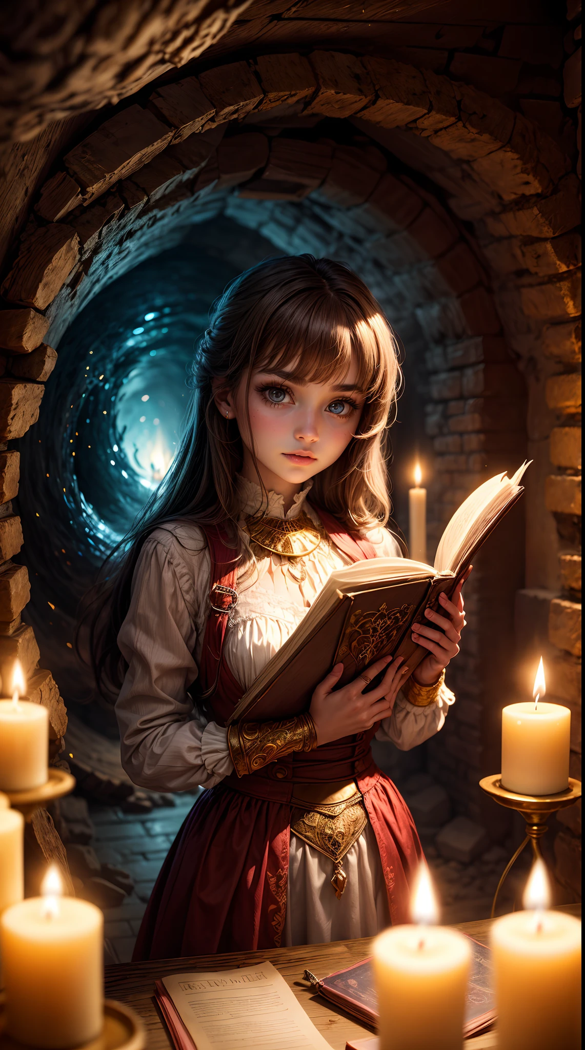 Deep within an underground chamber, a girl with eyes like liquid gold holds an ancient book open before her, and with a wave of her hand, the candles lining the chamber's walls burst into dazzling flames, illuminating the secrets hidden within the pages.