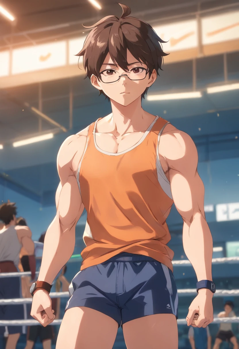 masterpiece, best quality, ultra-detailed, illustration, 1boy, solo, male focus, looking at viewer, upper body, depth of field, <lora:shuu_maiko:0.70>, shuu_maiko, , gym uniform