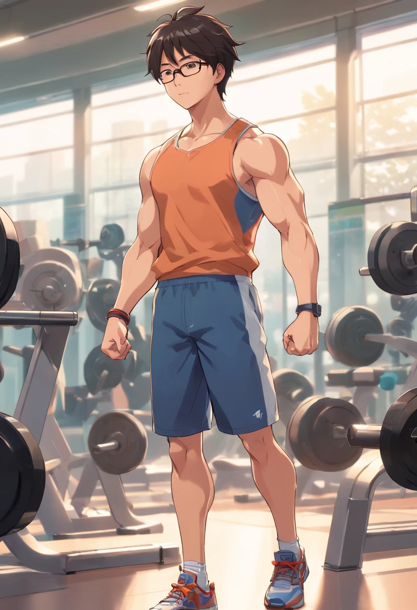 anime chico joven, medias gafas, Medium muscles in a gym, haciendo ejercicio, Science-Fiction, Culturismo, inspirado en Kim Eung-hwan, dando la espaldas, With your eyes you looked back, musculos medianos, hombros fuertes, inspirado en Yeong-Hao Han, exaggerated physique, Super buff y cool, delgado pero musculoso.