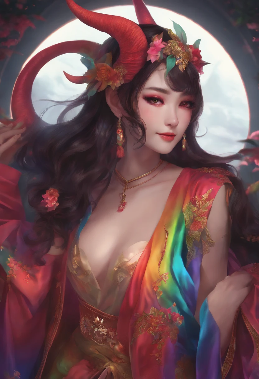 Female in her 20s, full body, succubus costume, Japanese, clothes of 
Rainbow colors, smile