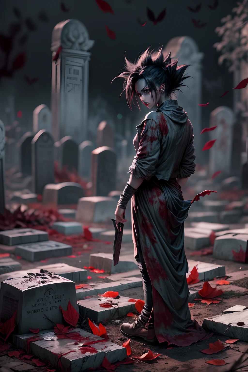 GOKU ZUMBI HOMEN zumbi,estilo pin-up,olhos horrivelmente belos,blood-red lips,feridas sangrentas,carne podre,pose assustadora,roupas rasgadas e sujas,Hauntingly pale skin,atmosfera assustadora,Dark and misty cemetery,luar projetando sombras misteriosas,Decomposing Tombstones,Sense of danger,horror movie vibes,horror de pesadelo,gothic art style,Cores ousadas e vibrantes,film noir lighting,assustador e sedutor,exquisite attention to detail,Unique and captivating subject.