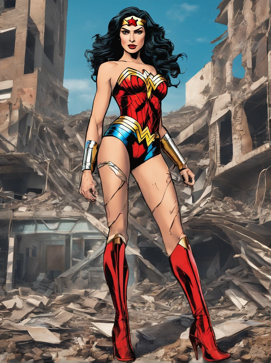 sexy legs wonder woman in ultra high-cut bikini, red patent thigh high boots, oiled legs and butt, high cut, skin tight sheer swimwear, wide stance provocative pose, editorial photographed in the rubble and debris of a collapsed building with wide angle fish eye lens