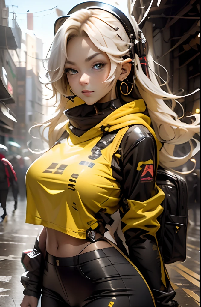 best quality, highres, solo, blonde hair, a female character is wearing a yellow and black colored outfit with a backpack and a yellow vest, dark black and yellow, sports leisure, blue eyes, long hair, hoop earrings, headphones, chunky cuban link jewelry, medium breasts, pigeoncore, elaborate costumes, neo-dadaist, outdoor conference, mechanized precision, in the style of mecha sci-fi anime