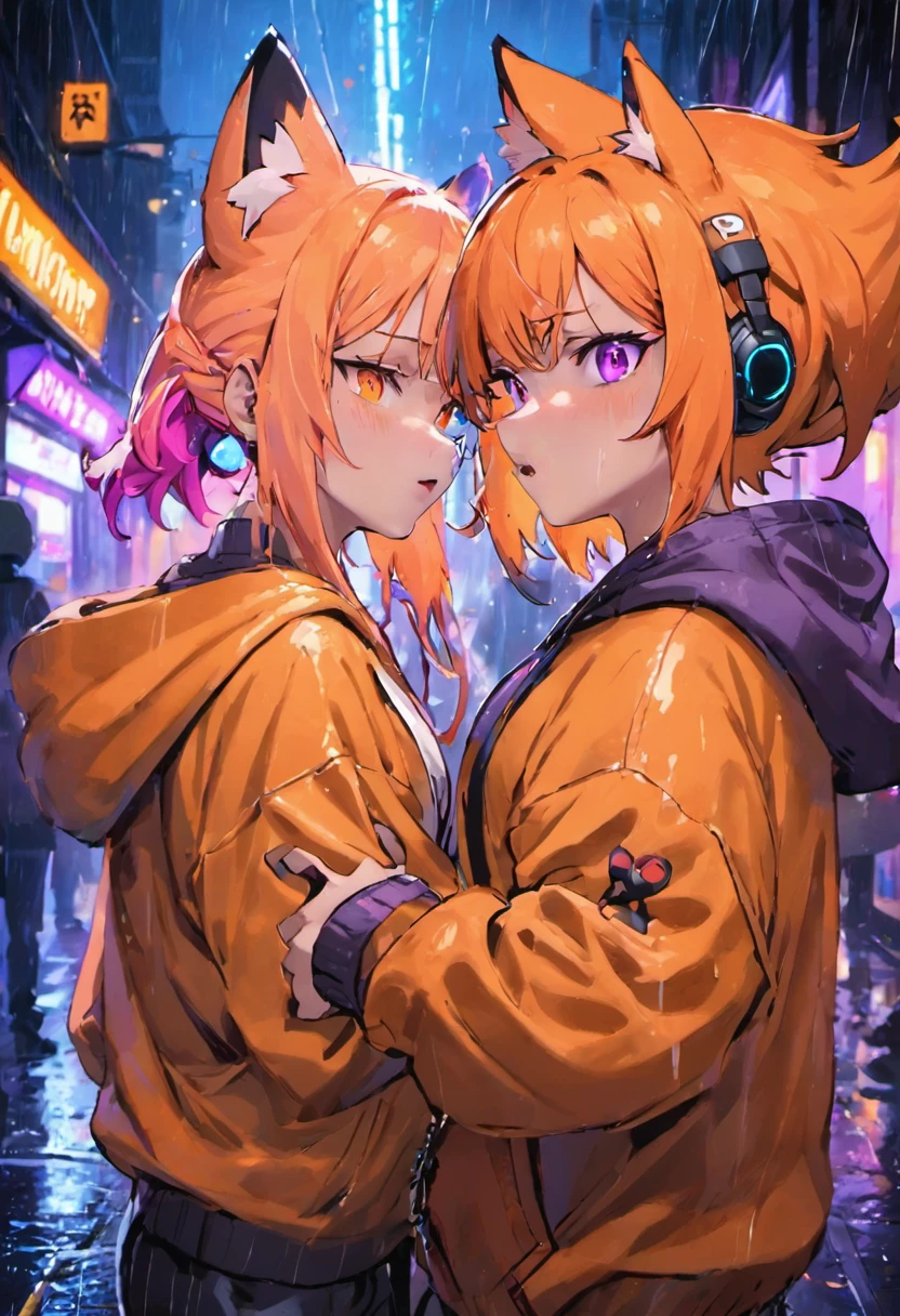 Closeup photograph, A pink haired woman with violet eyes wearing a giant sweatshirt is posing back to back with an orange haired man with orange eyes and orange fox headphones, in a rain soaked street at night, photorealistic, cinematic lighting