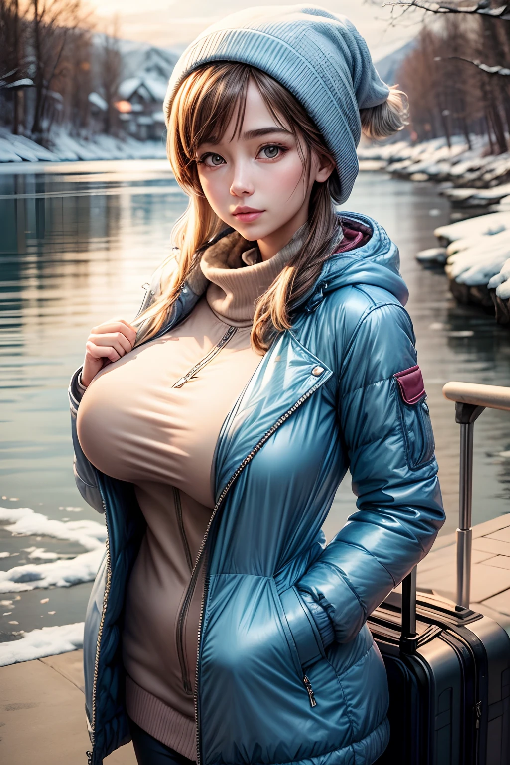 Make a woman with big breast, light blue long winterjacket , with open zipper, with face, body, Lakeside house, travel bag, dog Nude