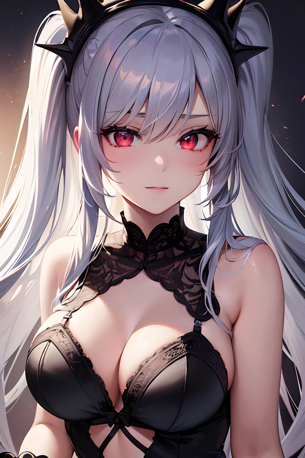 (ultra-detailed, best quality, portraits:1.2), Boosette, vibrant colors, detailed face and body, seductive expression, black lace lingerie, flowing dark hair, sultry pose, glowing eyes, soft lighting