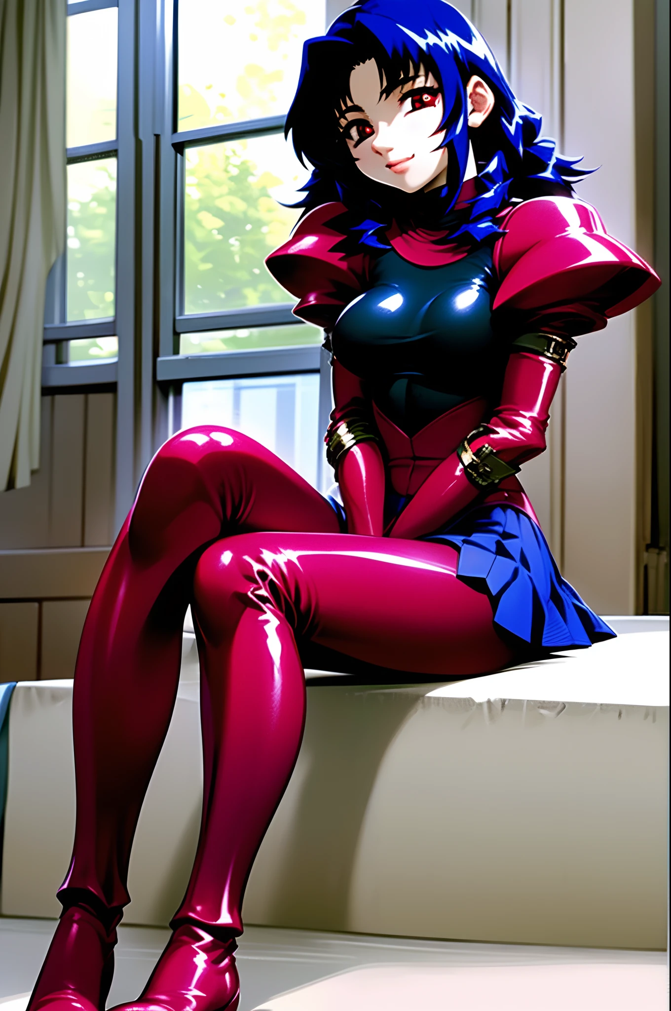 leotard, calm facial exprecion, blue hair, red eye, leotard, big shoulders, sleeves, medium breast, boots,  long hair, skirt, smile, half lips stic inferion lip, red lipstic, long hair, messy hair, sitting