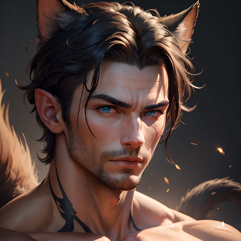 (best quality,highres,masterpiece:1.2),ultra-detailed,realistic,portrait,humanoid man with cat-like eyes,shirtless,muscular body,pointy ears and tail, vibrant colors,dramatic lighting, oil painting