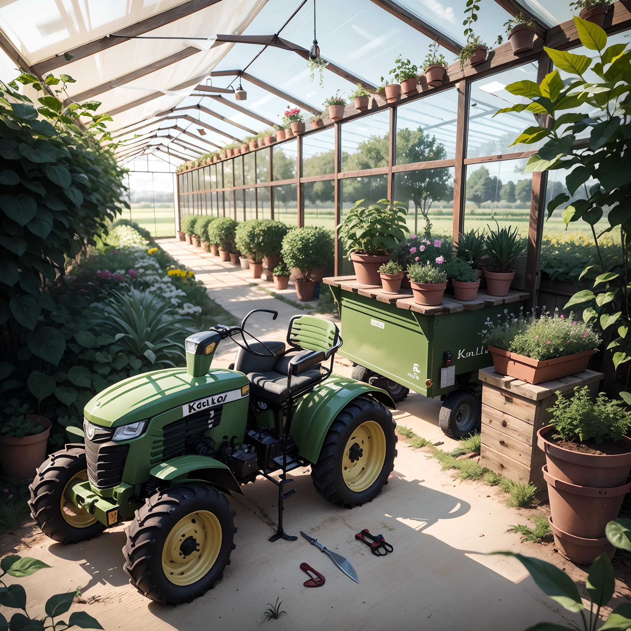 Knolling product photo of a wooden greenhouse surrounded by a garden tractor, garden tools and a farmer arranged on a clean background.