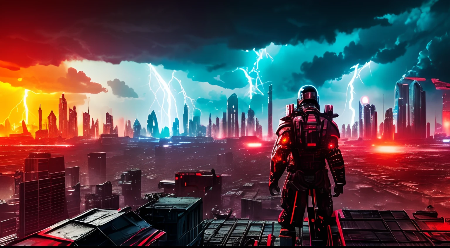 Back view of a half human cyborg, across the view of a devasted metropolis, 3D; apocalyptic retro cyberpunk; thunderstorms; red color splash; dynamic color-field; cyclorama effect; ultra realistic, cinematic lighting