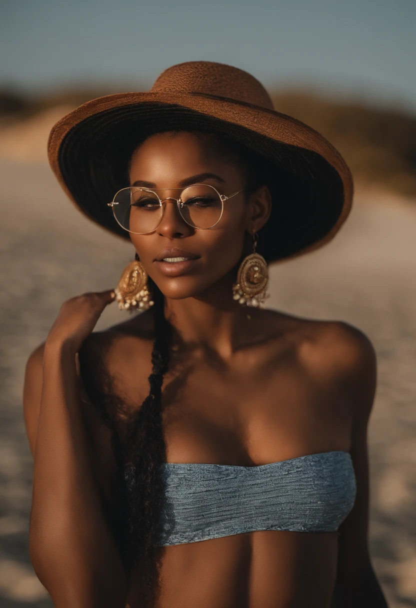 (hyperdetailed photography,), (masterpiece), real photo, 8k UHD, solo female, cuban, dark skin, 28 years old, brunette, natural beauty, best quality, ultra quality, ultra detailed, realistic eyes, ultra realistic, photography, standing, beach, sunny weather, warm lighting, outdoor town, full body, long hair, tanned skin, full frontal, naked,facing_viewer, front_view, sunglasses, black
