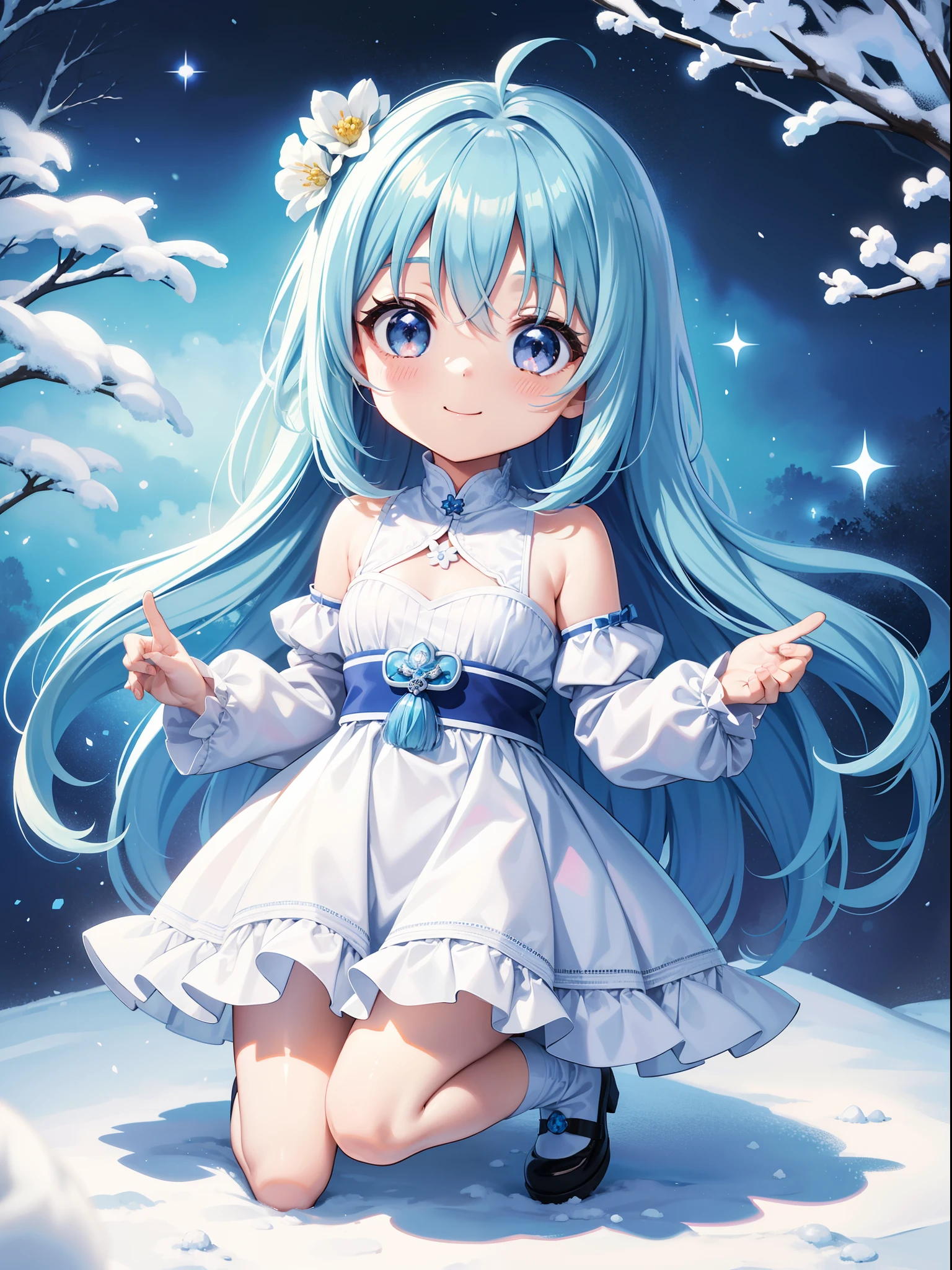 Chibichara Sparkling snowy landscape(a picture) The air is shining、long hair with blue hair((Chibi Chara))、A charming smile、Fluffy、girl with、Chibi Chara、Friends of the Forest、full body Esbian、Pastel colors hair、masutepiece、top-quality、