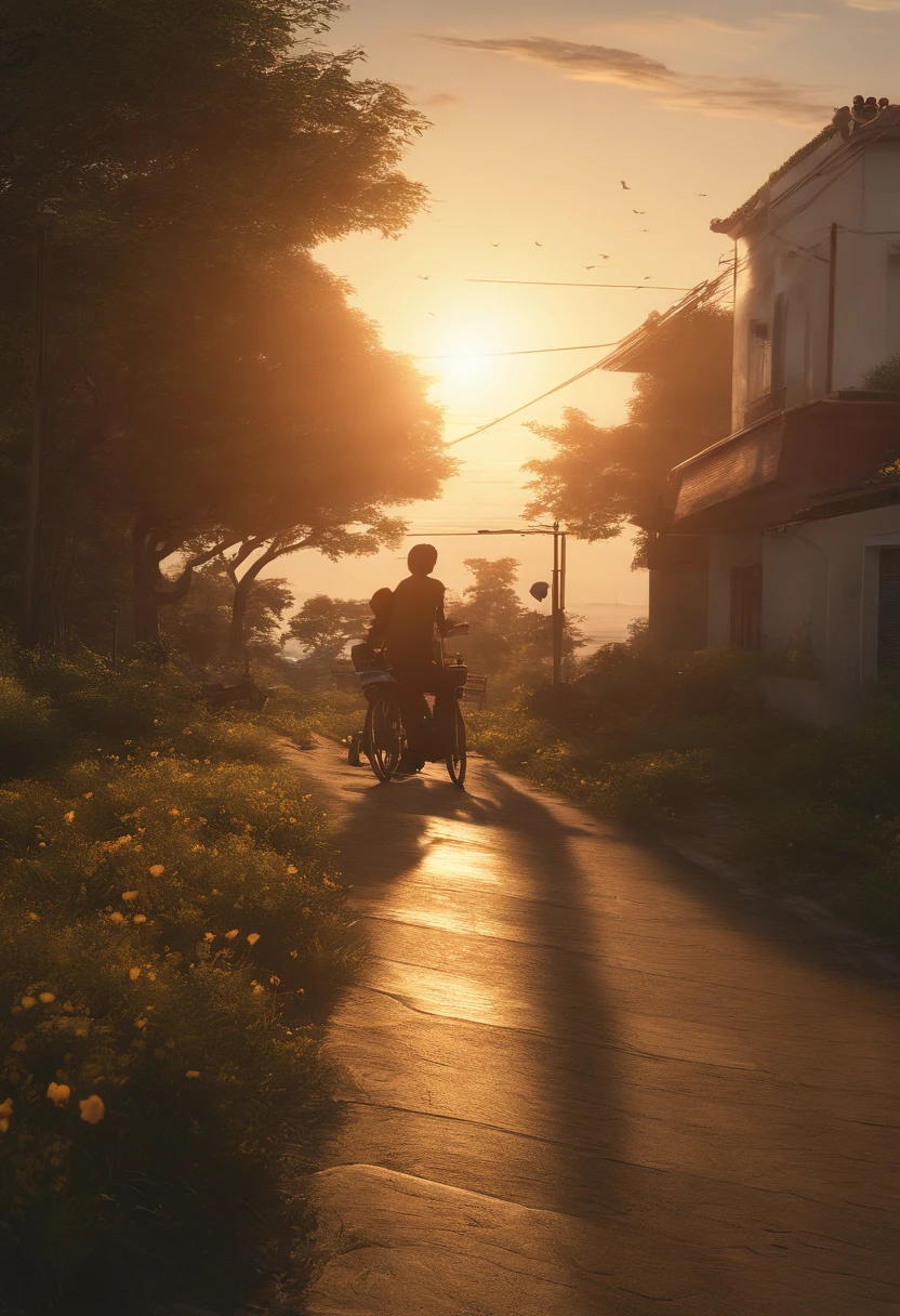 (。...3d:0.5,Realistic:0.5,fotorrealista:0.5),(absurdos,Hyper-Resolution,master part,best quality,finamente detalhado,absurdos:1.2), dramatic light, lighting dramatic, cinemactic, Paisagens de anime, Makoto Shinkai, Guibli, Mundo de fantasia, magica, beautiful sky, nuvem, Building, Bicicletas, Aircraft trajectory, birds, dramatic lighting, Cinematic lighting, Sunset, warm sunset, sol quente, Rua, profundidade de campo, Reflexo da lente,