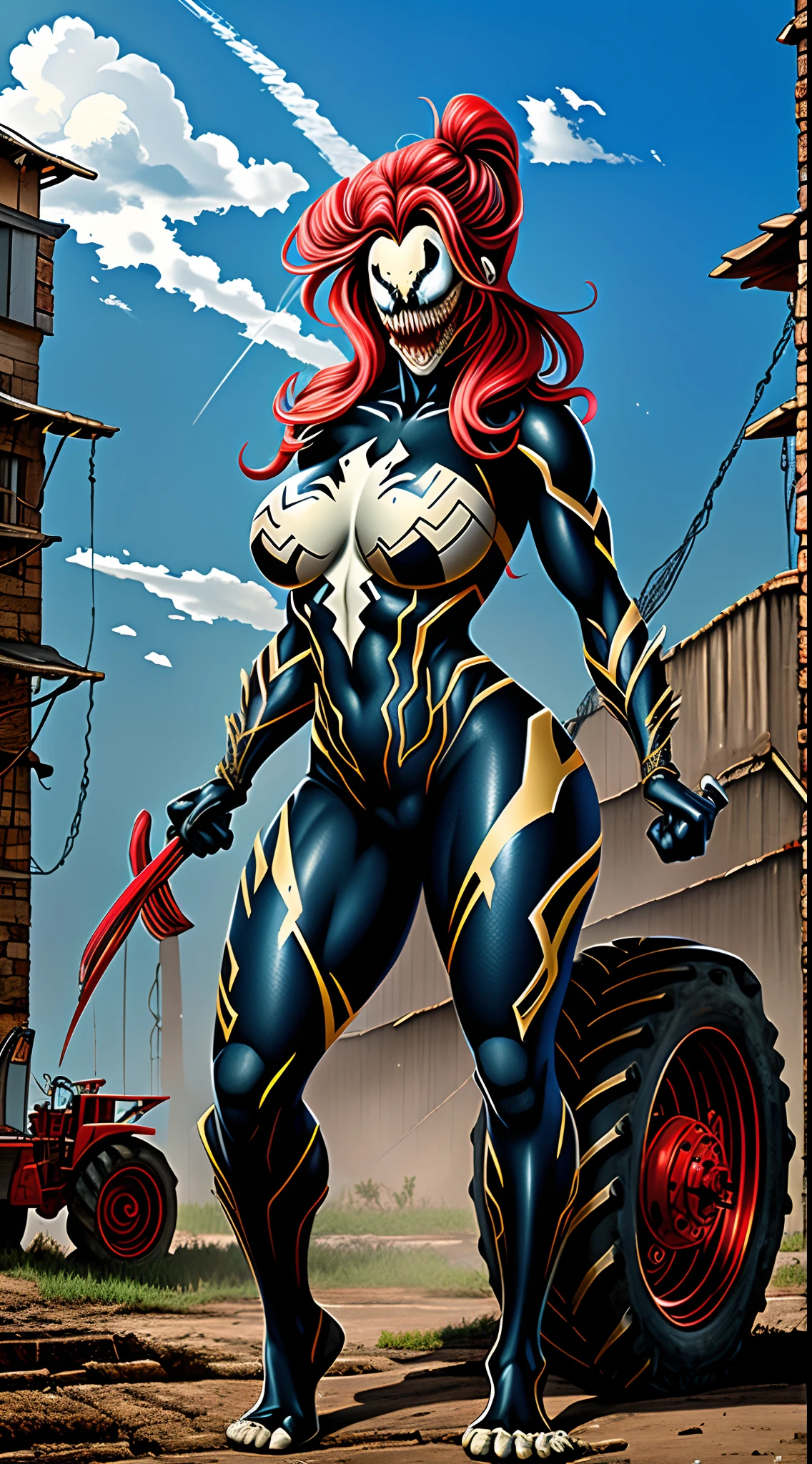 1girl,Traje de Venom, mulher solo, cabelo cyberpunk +Traje de Venom+uniforme do Homem-Aranha, Broken pieces with gold pieces,meio humana meio robo,Simbionte, cabelo moicano, cabelos azuis, messy hair, olhando diretamente para o espectador, Venom da Marvel,She's on an 80's farm, with many machines, iluminacao radiante, galinhas, trator 4 rodas, traje do venom , fazenda, ((Cidade, antiga)), 16k, UHD, best possible quality, Ultra Detalhado, best possible resolution, Motor Unreal 5, fotografia profissional, she is, (((Action pose with interaction and leaning on a 4-wheel tractor +ferramenta na mao+machado+encostado trator))),Retrato de Onmyoji, Miyamoto Musashi, arte detalhada do personagem de anime, Pavilion background, Melhor_Hands, mais detalhes, ((corpo inteiro)),SVTB,epi_NoiseOffset