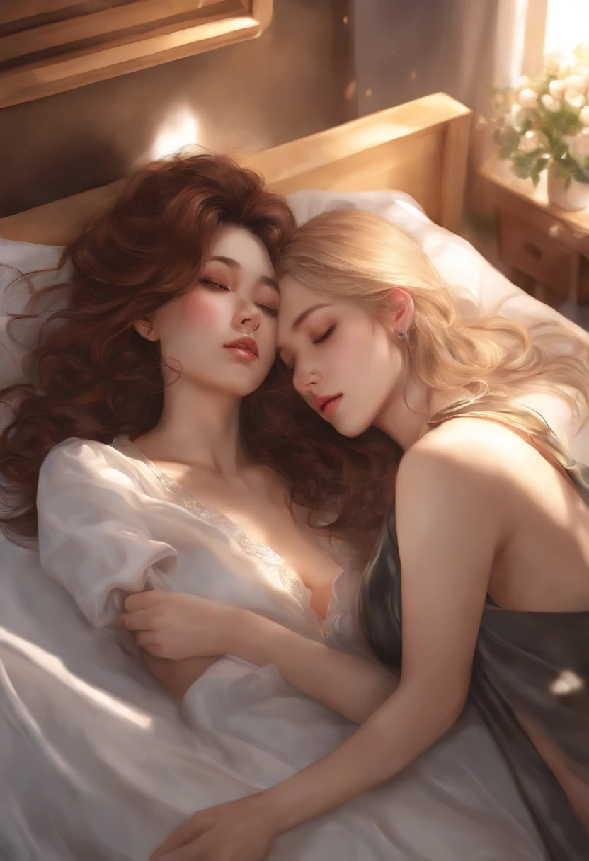 they are two women laying on a bed together and one is holding her butt, wlop and sakimichan, lesbian art, ultra realistic picture, extremely detailed artgerm, trending on cgstation, two beautiful anime girls, range murata and artgerm, sapphic art, hyperrealistic picture, hyperrealistic schoolgirl, [ 4 k photorealism ]!!