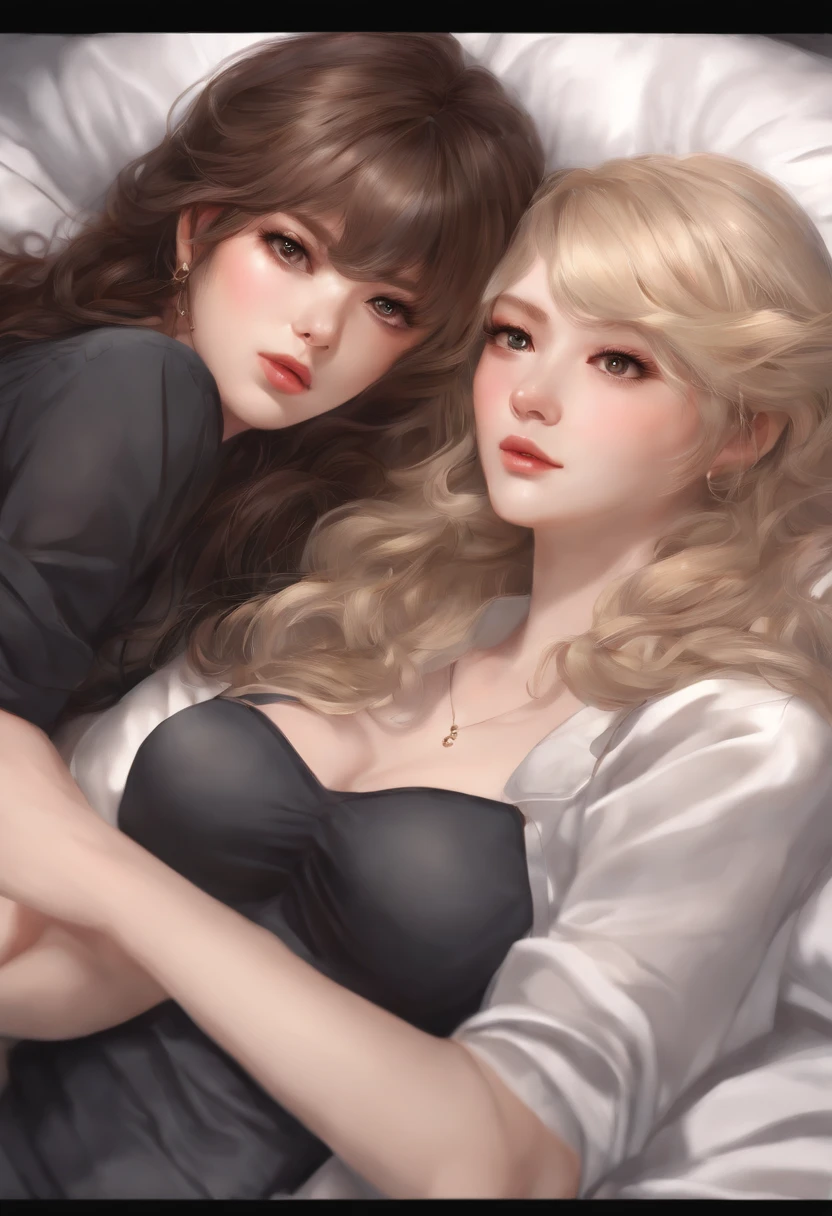 they are two women laying on a bed together and one is holding her butt, wlop and sakimichan, lesbian art, ultra realistic picture, extremely detailed artgerm, trending on cgstation, two beautiful anime girls, range murata and artgerm, sapphic art, hyperrealistic picture, hyperrealistic schoolgirl, [ 4 k photorealism ]!!