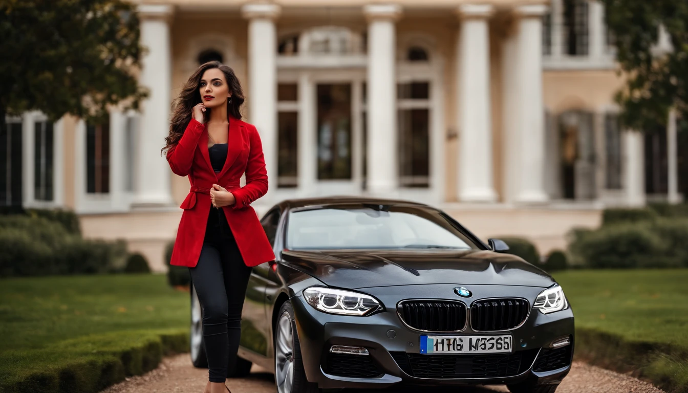 (best quality,highres:1.2),beautiful woman,realistic,sensual body,gorgeous face,detailed eyes and lips,dressed elegantly in jeans,red jacket,beside a BMW car,in front of a mansion,scenic background,soft lighting,vibrant colors,modern style,fashionable vibe,luxury setting.