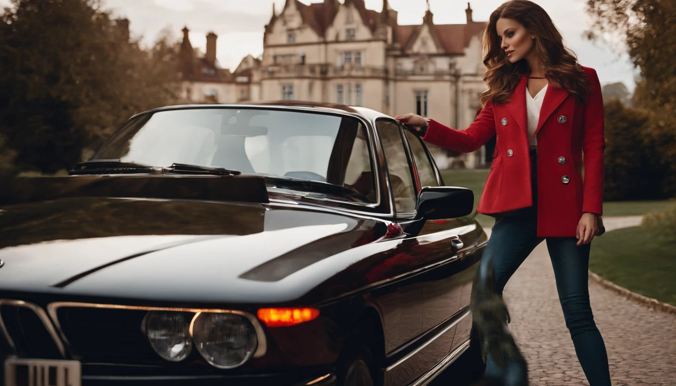 (best quality,highres:1.2),beautiful woman,realistic,sensual body,gorgeous face,detailed eyes and lips,dressed elegantly in jeans,red jacket,beside a BMW car,in front of a mansion,scenic background,soft lighting,vibrant colors,modern style,fashionable vibe,luxury setting.