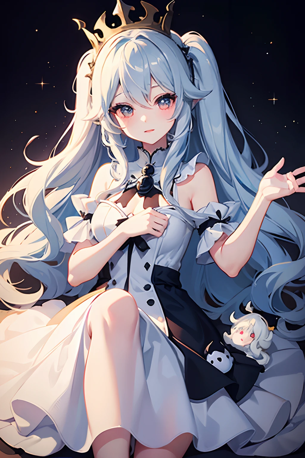 long eyelashes,Boosette,cute dress,playful expression,wavy black hair,rosy cheeks,fantasy,anime style,vibrant colors,soft lighting.