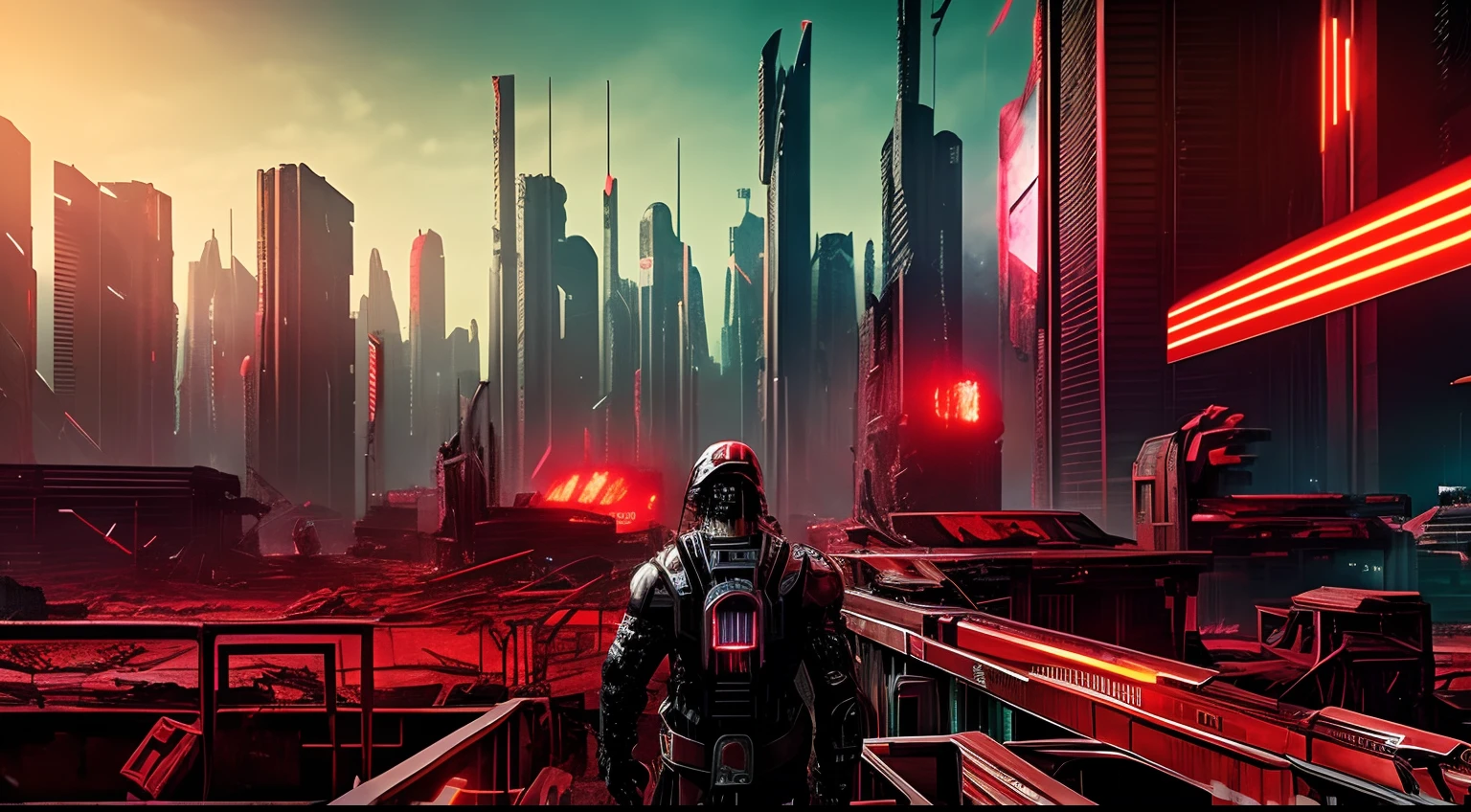 Back view of a half human cyborg, across the view of a devasted metropolis, 3D; apocalyptic retro cyberpunk; red color splash; dynamic color-field; cyclorama effect; ultra realistic, cinematic lighting