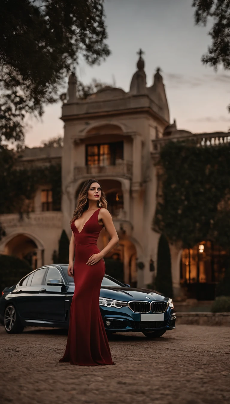(best quality,Altas:1.2),Beautiful woman,Realistic,corpo sensual,rosto lindo,detailed eyes and lips,vestido elegantemente em jeans,jaqueta vermelha,ao lado de um carro BMW,in front of a mansion,scenic background,soft lighting,cores vibrantes,estilo moderno,vibe da moda,ambiente de luxo.