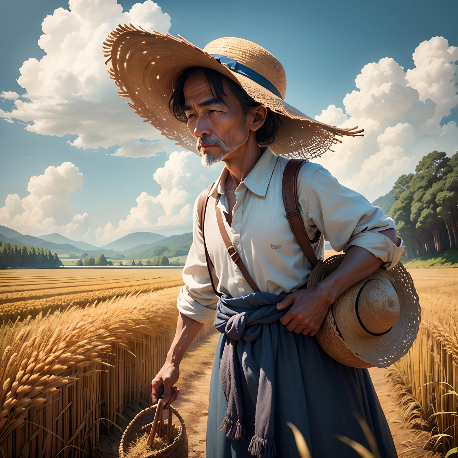 A peasant uncle with a straw hat stands in a wheat field, big clouds, blue sky, rice field, neat rice seedlings in the field, forest, hillside, secluded, countryside, HD detail, hyperdetail, cinematic, surrealism, soft light, deep field focus bokeh, ray tracing and surrealism. --auto --v6
