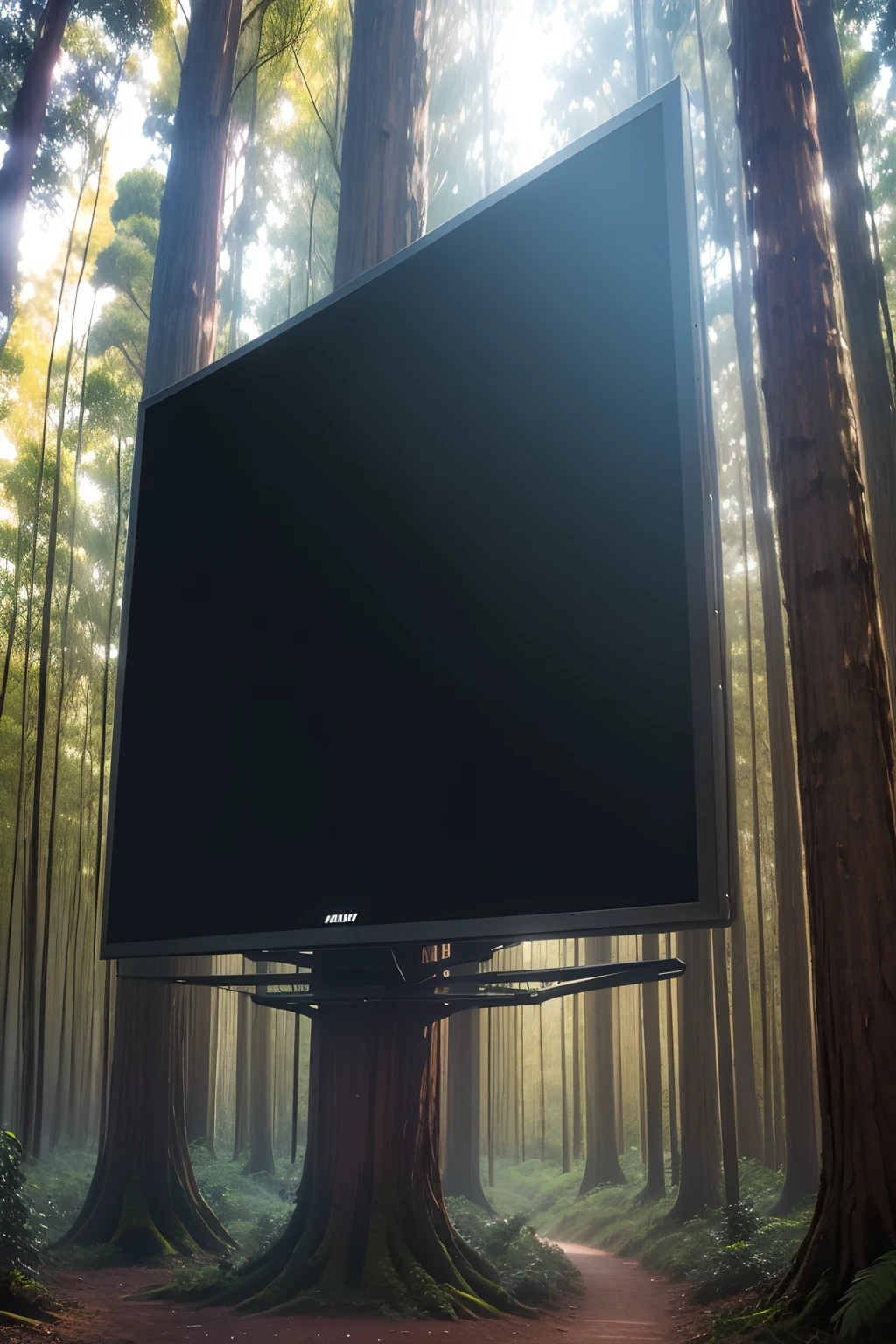 A large LED screen suspended in a eucalyptus forest, the image needs to be cartoon style