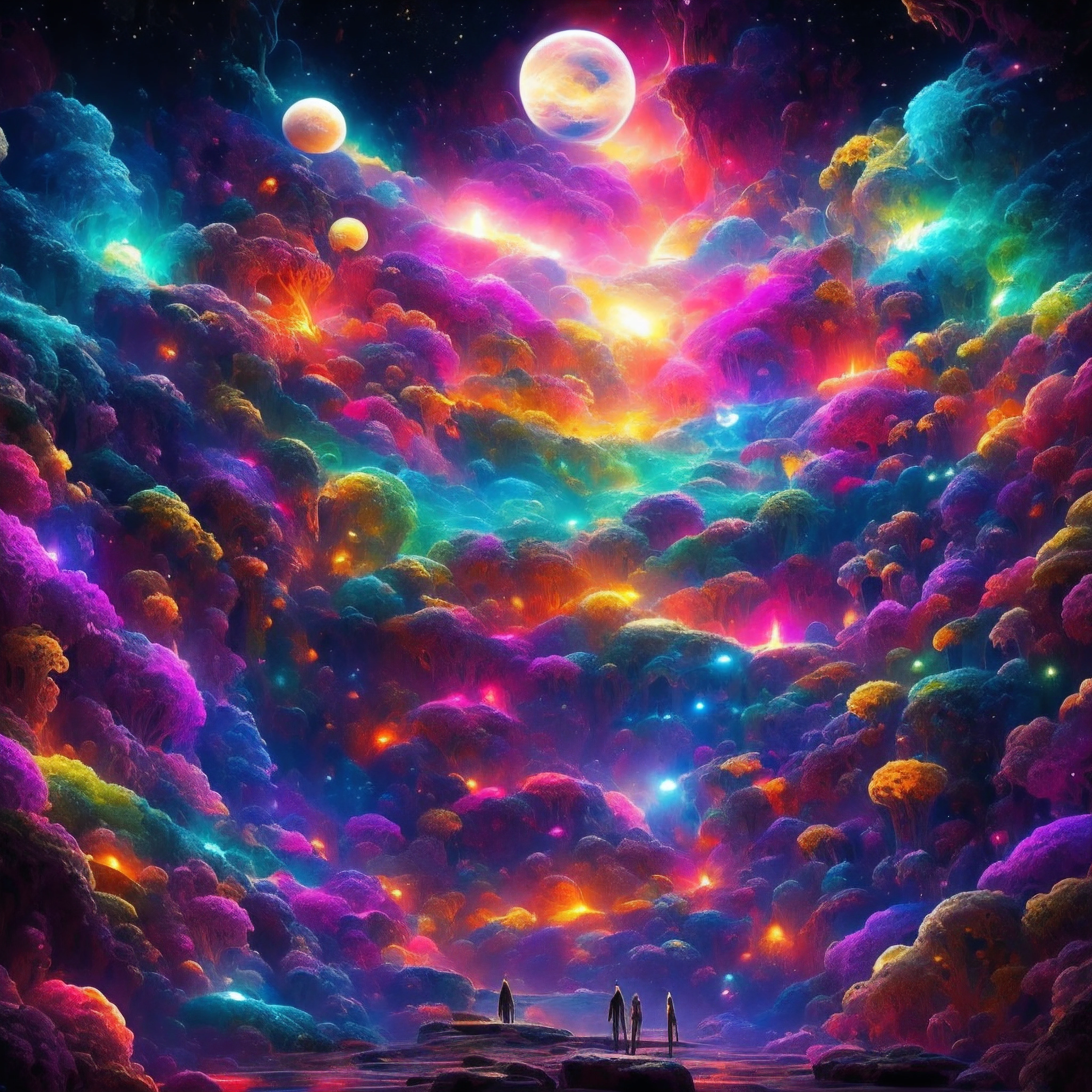As I approach the ancient stone portal, my eyes struggle to comprehend the impossibly complex hieroglyphs and fractal-like patterns etched into its surface. They seem to shift and morph before my gaze, cyclically changing in ways no human mind could fully grasp.
Stepping through the inky void, I feel an immense rushing sensation. Suddenly, an explosion of indescribable colors and shapes engulfs me, scintillating lights and geometric forms far beyond the limits of normal perception. It's as if I'm being hurled through the kaleidoscopic heart of a cosmic mandala.
Landing in a realm outside all concepts of time and space, I behold an endless expanse of alien landscapes under violet skies. Crystal forests with prism-like foliage radiate celestial halos of light. Rivers of liquid chrome wind through otherworldly terrain. Sentient galaxies loom overhead, intelligences inhabiting entire star systems look down curiously.
In the distance, still impossibly vast, hovers the cosmic Eye - adorned with stygian fractal petals whose infinitesimal patterns contain nested realities without end. To gaze into its abyssal depths is to comprehend the naked fundament of creation itself.
Surrounding me are beings of pure thought and energy, flickering in and out of quantum superposition faster than any earthly eye could register. They chitter in a resonant language of harmonics and waveforms, attempting to welcome me to this plane beyond all existence.
As marvelous sights flood my consciousness, I remind myself - this is but a fraction of the wonders a human mind might experience in the realms beyond the portal. What awaits defies imagination, but invites us to try.