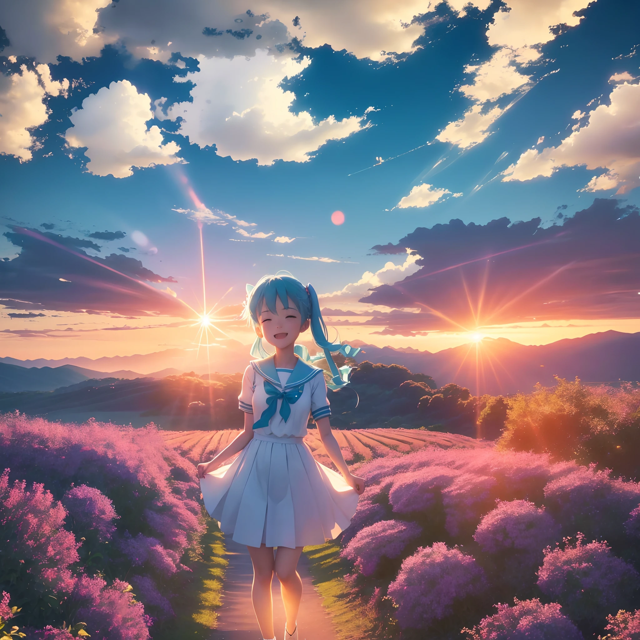 ​masterpiece、top-quality、Movie stills、1girl、Cloud Girl、miku hatsune、a sailor suit、floating in sky、a closeup、with light glowing、happiness、Warm soft lighting、the setting sun、(Spark:0.7)