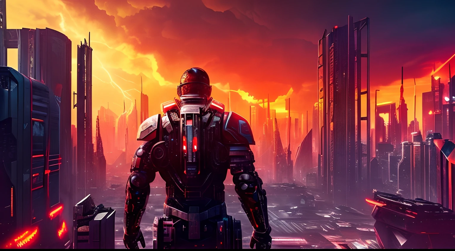 Back view of a armed half human cyborg, across the view of a devasted burning metropolis, 3D; apocalyptic retro cyberpunk; thunderstorms; red color splash; dynamic color-field; cyclorama effect; ultra realistic, cinematic lighting