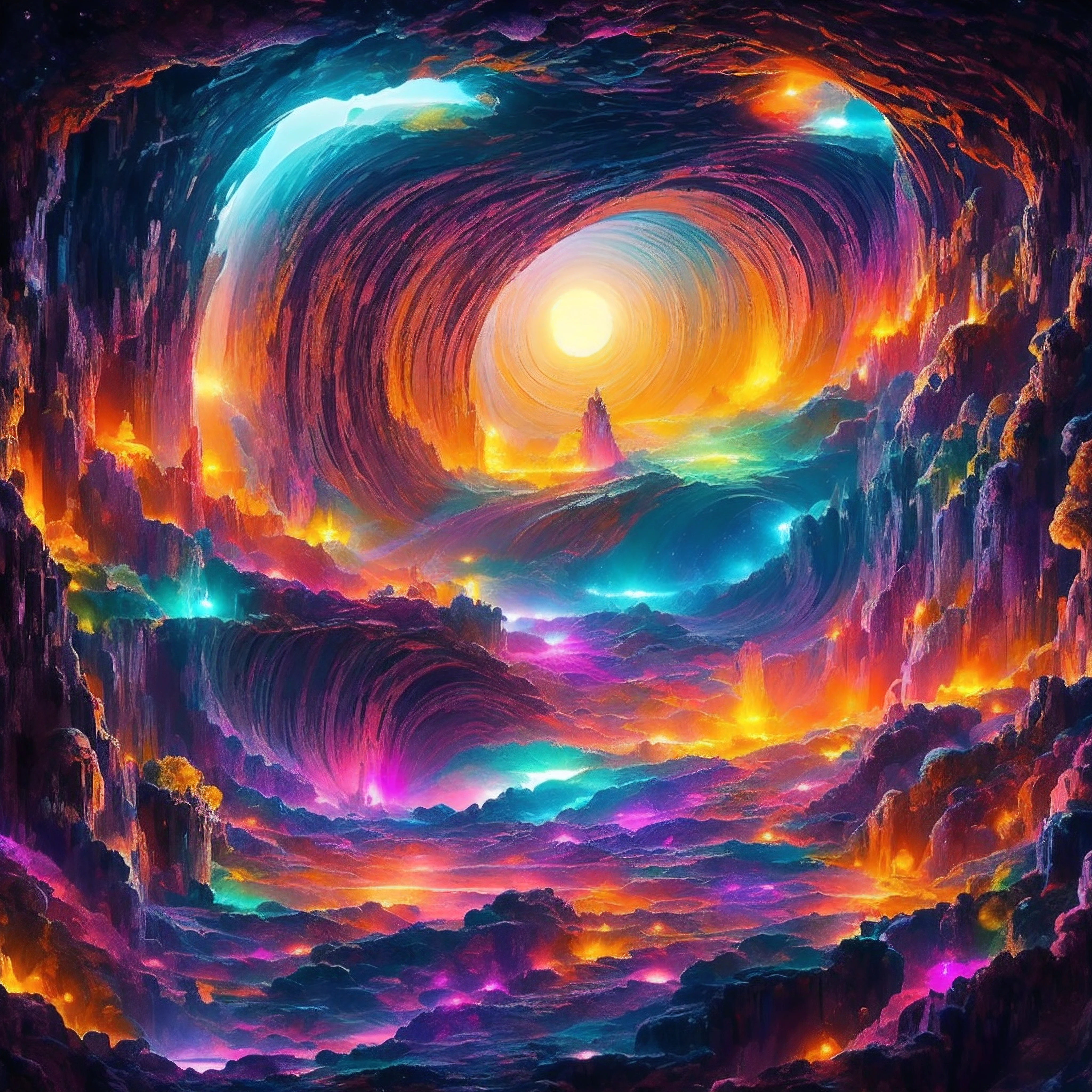 As I approach the ancient stone portal, my eyes struggle to comprehend the impossibly complex hieroglyphs and fractal-like patterns etched into its surface. They seem to shift and morph before my gaze, cyclically changing in ways no human mind could fully grasp.
Stepping through the inky void, I feel an immense rushing sensation. Suddenly, an explosion of indescribable colors and shapes engulfs me, scintillating lights and geometric forms far beyond the limits of normal perception. It's as if I'm being hurled through the kaleidoscopic heart of a cosmic mandala.
Landing in a realm outside all concepts of time and space, I behold an endless expanse of alien landscapes under violet skies. Crystal forests with prism-like foliage radiate celestial halos of light. Rivers of liquid chrome wind through otherworldly terrain. Sentient galaxies loom overhead, intelligences inhabiting entire star systems look down curiously.
In the distance, still impossibly vast, hovers the cosmic Eye - adorned with stygian fractal petals whose infinitesimal patterns contain nested realities without end. To gaze into its abyssal depths is to comprehend the naked fundament of creation itself.
Surrounding me are beings of pure thought and energy, flickering in and out of quantum superposition faster than any earthly eye could register. They chitter in a resonant language of harmonics and waveforms, attempting to welcome me to this plane beyond all existence.
As marvelous sights flood my consciousness, I remind myself - this is but a fraction of the wonders a human mind might experience in the realms beyond the portal. What awaits defies imagination, but invites us to try.