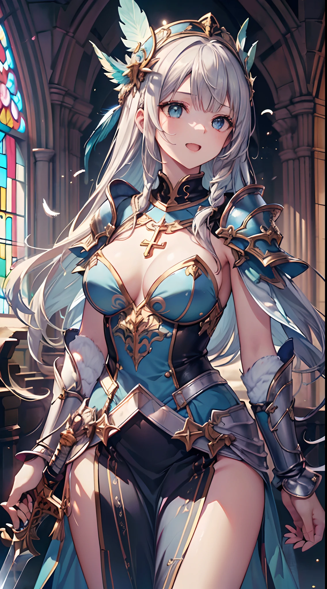 (Official art、Best Quality、Unity 8k Wallpapers、32K、masterpiece、ultra-detailliert、超A high resolution、realisitic、Photorealsitic、Very ridiculous:1.2)、(Cinematic lighting:1.2)、Fireglow effect、film grains、Best Shadows、Rim lighting、side lights、(Ultra-detailed and complex 3D rendering)、Detailed beautiful face and eyes、Sharp pupils、Realistic pupils、A slender、1Man Woman、Medium bust、(Full body:1.2)、 beauitful face、-yeld beiful girl、(super detailed skin、detailed skin textures:1.3)、(silver blond、Blue-silver hair:1.3)、Paladin、Longhaire、Blunt bangs、Green eyes、3 braids in 1 bunch、(Blue Armor、Blue Boots、Blue helmet、Jeweled、Gold embroidery)、A slender、Maxi skirt、(thighs thighs thighs thighs:0.8)、(chies、in a house、Artistic stained glass、Large pipe organ、crosses、Hello Point、Mystical、a lot of feathers float、angelicales、Particles of light、solemnity、Sunlight is、colourfull、Fantastical:1.2)、(Fantastical:1.3)、(Holding the Holy Sword:1.4)、(Looking away、looking distantly:1.3)、Fantastical、Smile with open mouth