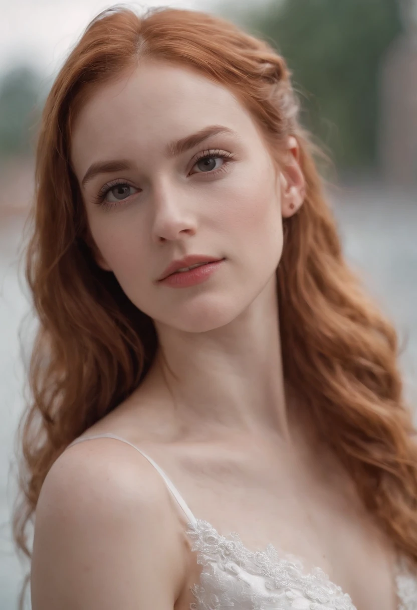 20 Yo girl, White Spider-Man dress, with long coiled hair， ginger, Beautiful face, rain, Roof, Masterpiece, intricately details, Perfect anatomy, Facial and body details, big boobs.