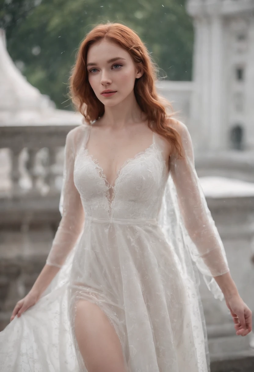 20 Yo girl, White Spider-Man dress, with long coiled hair， ginger, Beautiful face, rain, Roof, Masterpiece, intricately details, Perfect anatomy, Facial and body details, big boobs.