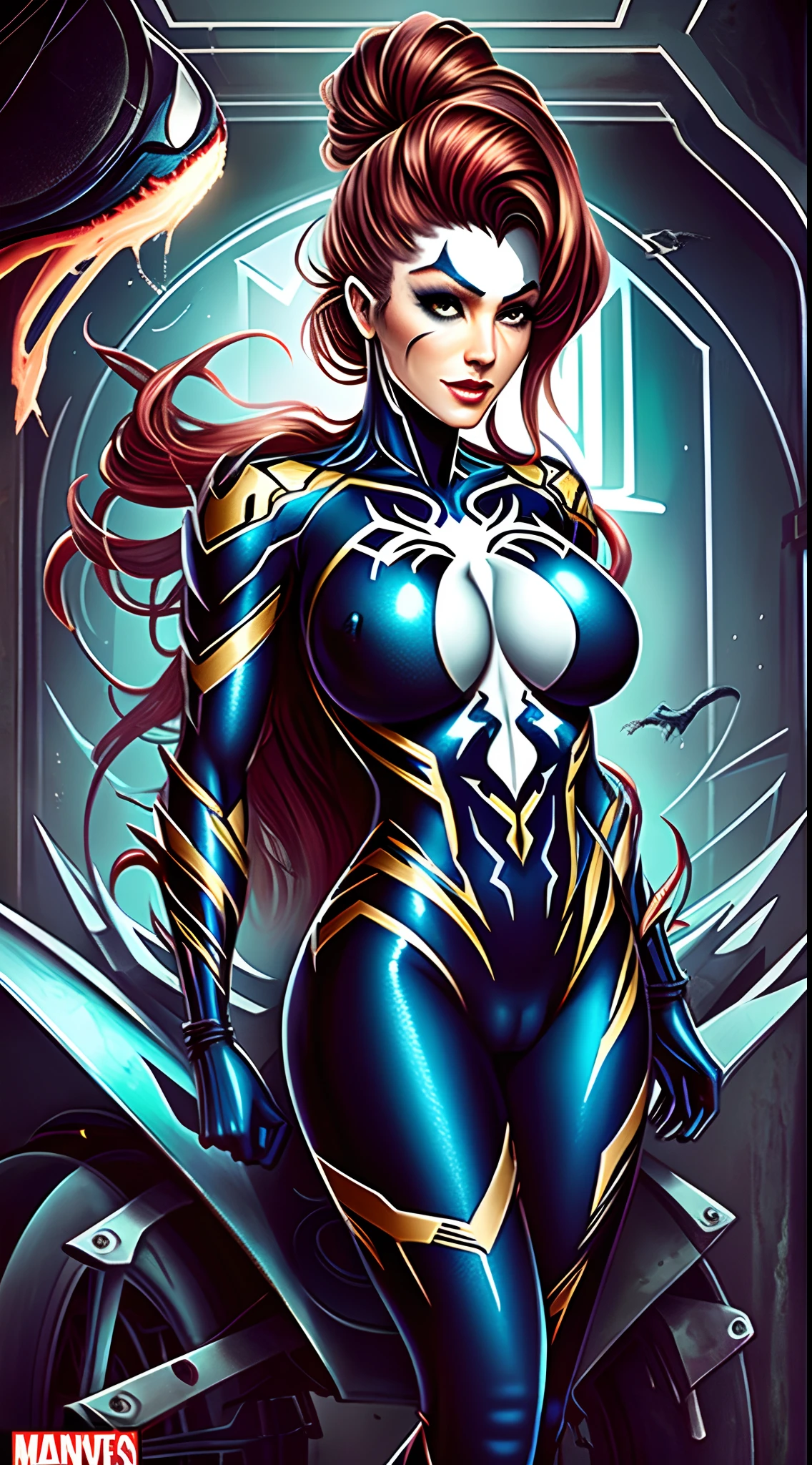 1girl,Traje de Venom, mulher solo, cabelo cyberpunk +Traje de Venom+uniforme do Homem-Aranha, Broken pieces with gold pieces,meio humana meio robo,Simbionte, cabelo moicano, cabelos azuis, messy hair, olhando diretamente para o espectador, Venom da Marvel,She's on an 80's farm, with many machines, iluminacao radiante, galinhas, trator 4 rodas, traje do venom , fazenda, ((Cidade, antiga)), 16k, UHD, best possible quality, Ultra Detalhado, best possible resolution, Motor Unreal 5, fotografia profissional, she is, (((Action pose with interaction and leaning on a 4-wheel tractor +ferramenta na mao+machado+encostado trator))),Retrato de Onmyoji, Miyamoto Musashi, arte detalhada do personagem de anime, Pavilion background, Melhor_Hands, mais detalhes, ((corpo inteiro)),cbzbb,EnvyBetterHands