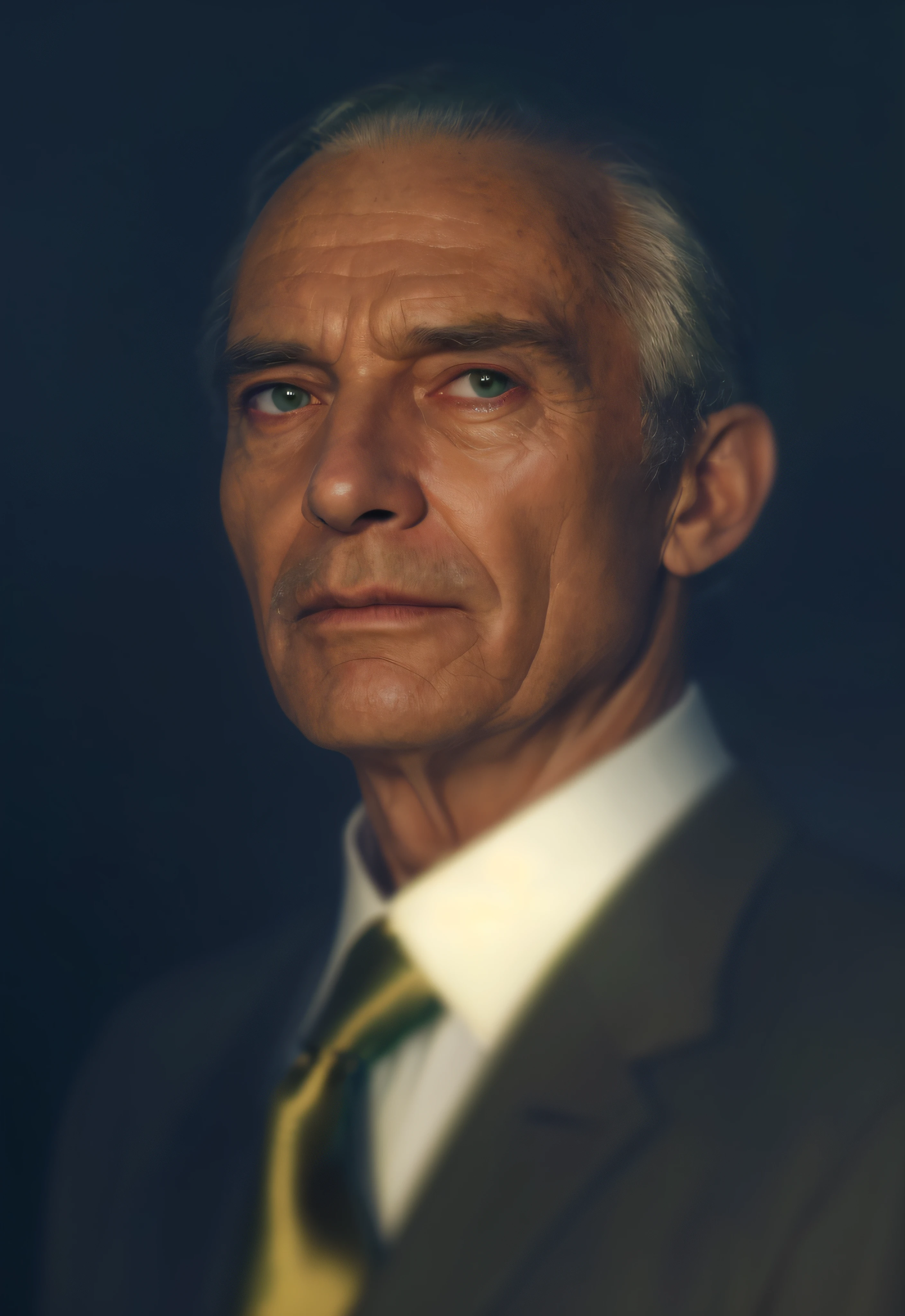a man 60 years old, dressed with a dark green suit, gold and green tie, white shirt, (photorealistic: 2), (light background: 2)