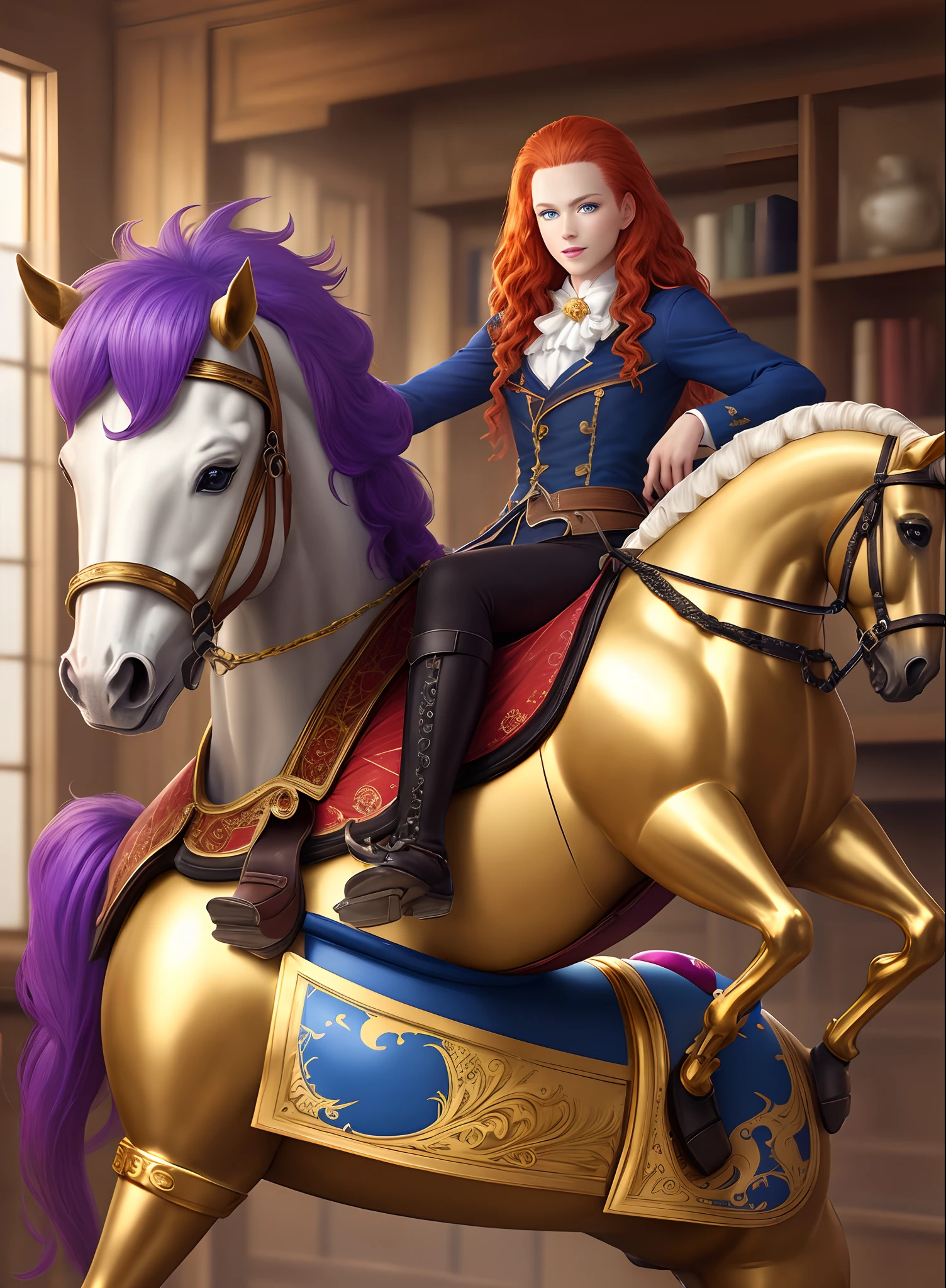 Rocking horse with gold body and purple spots, red mane, blue eyes, and golden stirrups