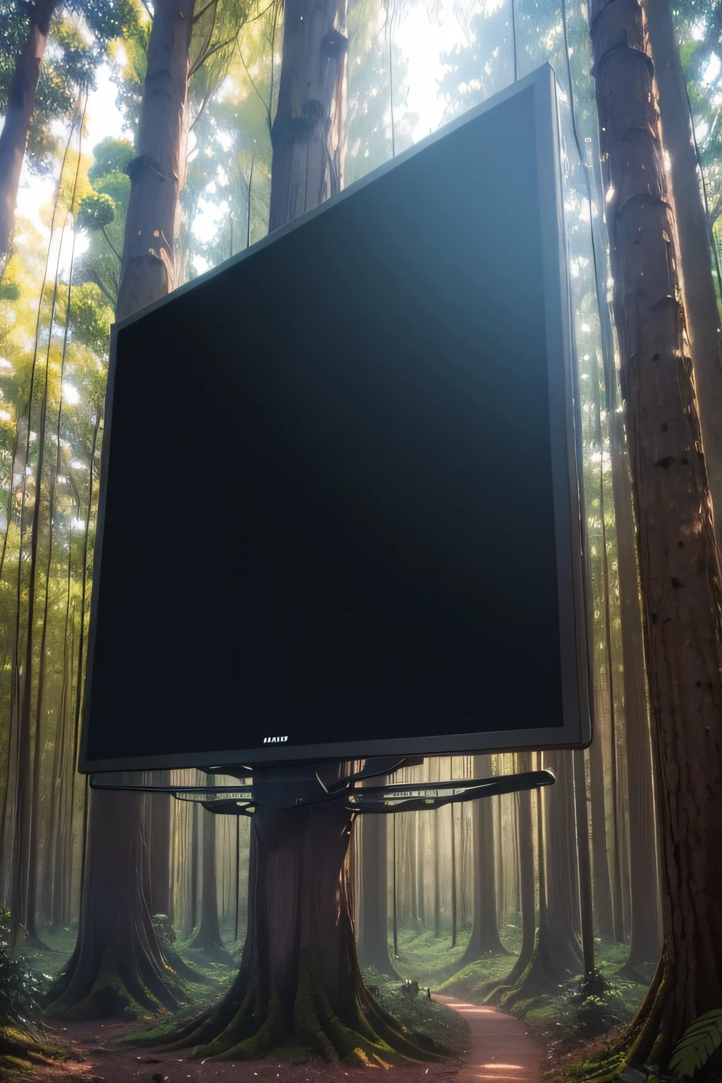 Uma grande tela de LED suspensa em uma floresta de eucalipto, a imagem precisa ser estilo cartoon