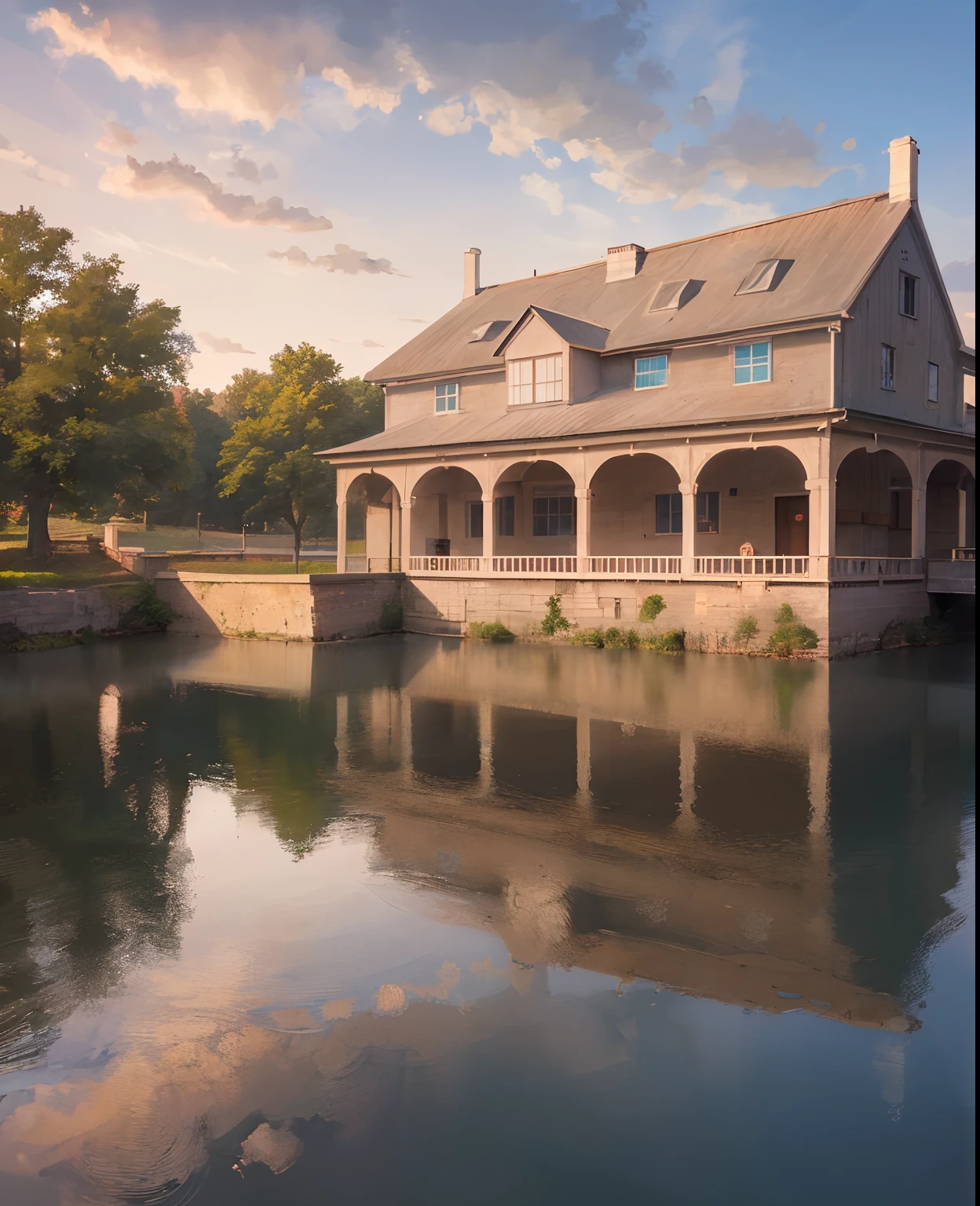 landscape, clouds, sky, outdoors, water, reflections, architecture, waterwheel, no people, stone bridge, boat, cloudy sky, sunset, architecture, reflections of water, fantasy, (illustration:1.0), masterpiece, best quality,