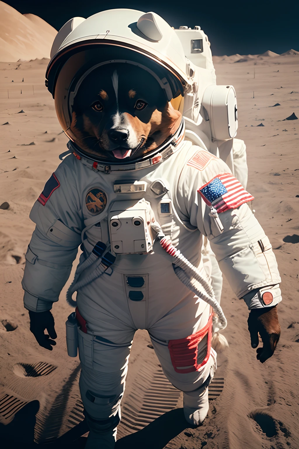 create an image of a dog on the Moon dressed as an astronaut